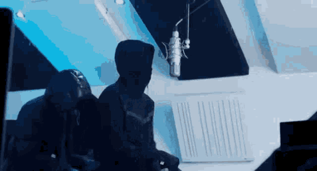 two men are sitting in front of a microphone in a room .