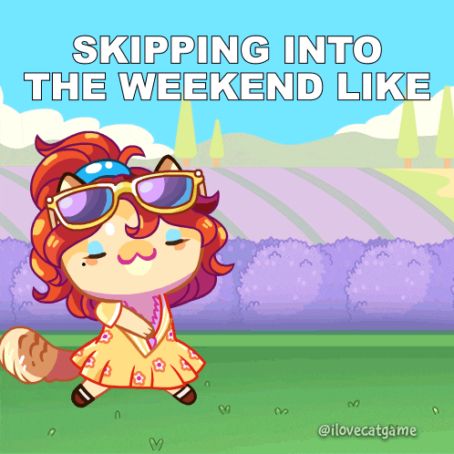 a cartoon of a cat with the words skipping into the weekend like written above it