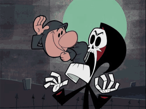 grim reaper is holding a man in his arms in a cartoon scene