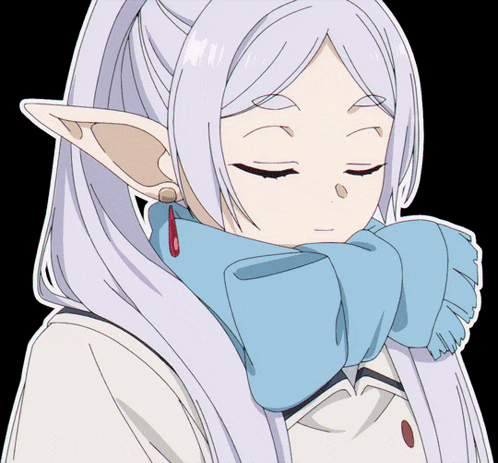 a girl with long white hair is wearing a blue scarf