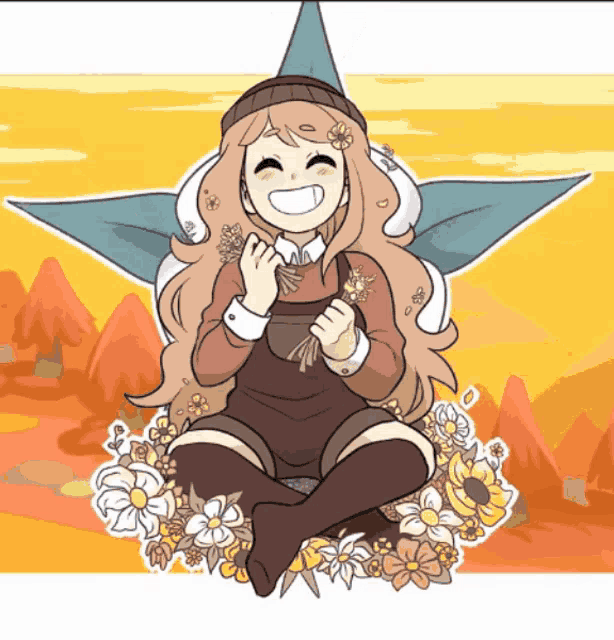 a cartoon drawing of a girl with flowers and a star in the background