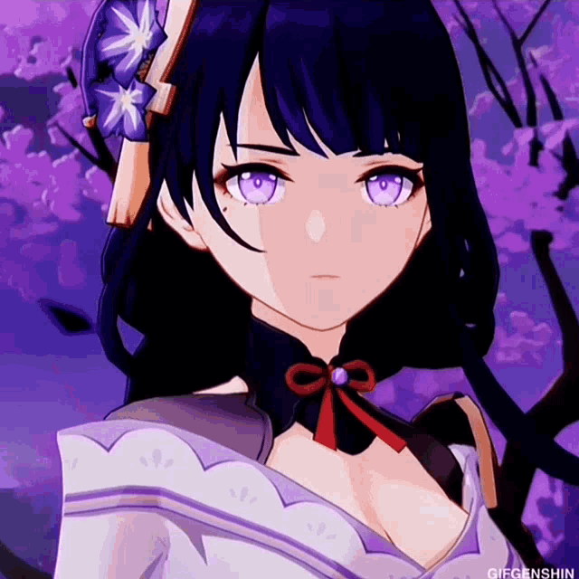 a close up of a girl with purple eyes in a video game