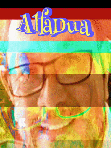 a close up of a man 's face with glasses and the word alfada written on it