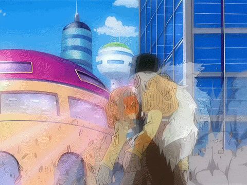 a cartoon drawing of a man and a woman in front of a building