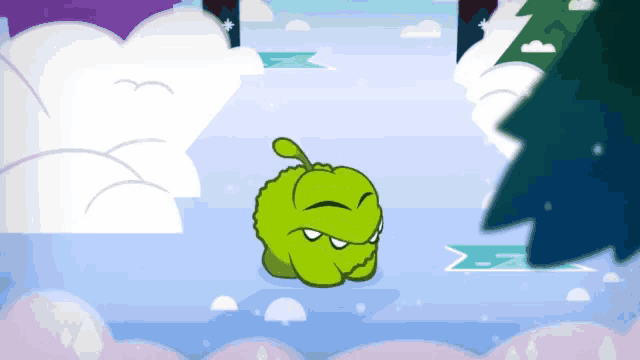 a cartoon drawing of a green monster standing in the snow