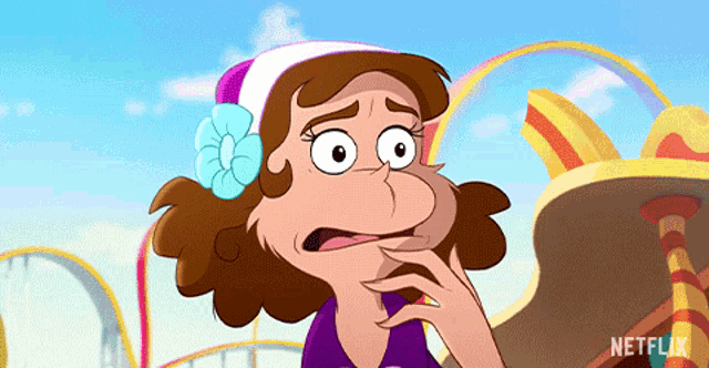 a cartoon girl with a flower in her hair stands in front of a roller coaster and says netflix on the bottom right