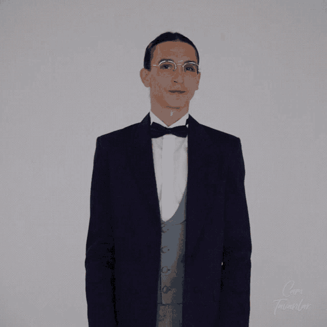a man wearing a tuxedo and bow tie is standing in front of a white wall with the words cum traianilor written on it