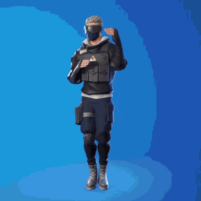 a video game character with a yellow triangle on his vest