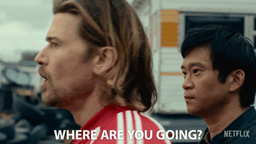 two men are standing next to each other with the words " where are you going " on the screen