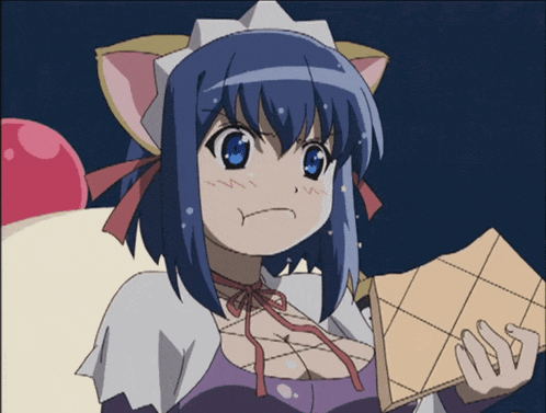 a girl with blue hair and cat ears is holding a piece of cardboard