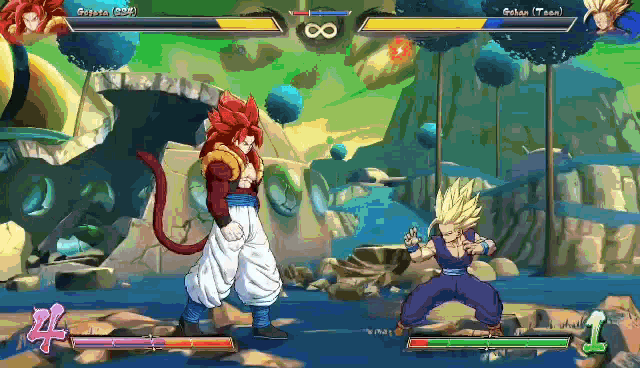 a screenshot of a video game with gohan and gogeta fighting each other .