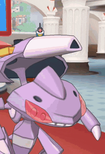 a purple robot is standing in a room with white columns