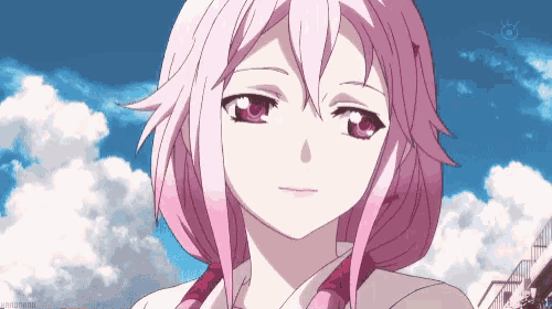 a girl with pink hair and red eyes looks at the camera with a blue sky in the background