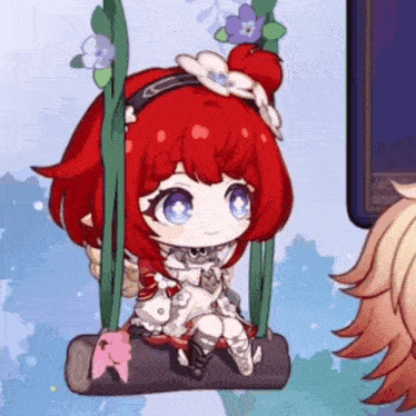 a girl with red hair and blue eyes is sitting on a wooden swing .