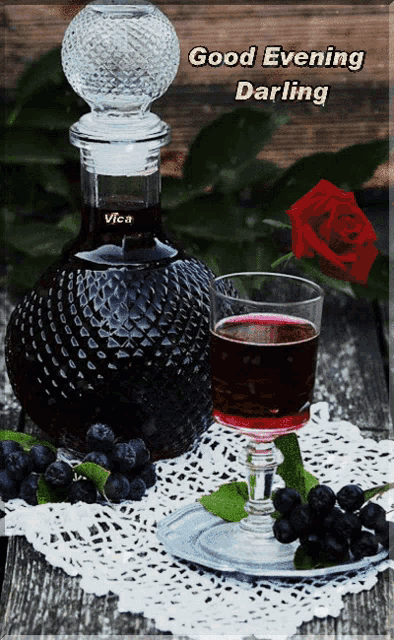 a good evening darling greeting card with a bottle of wine and a glass