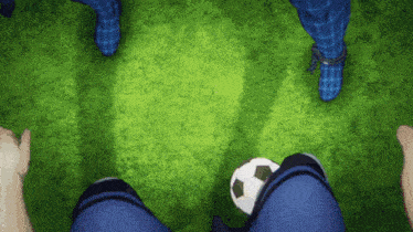 a person is kicking a soccer ball on the grass
