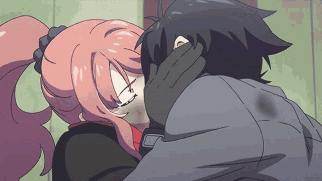 a man and a woman are hugging and kissing in a cartoon