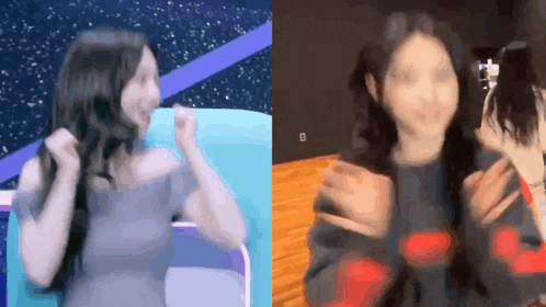 a woman in a gray dress and a woman in a black sweater are dancing together