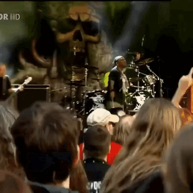 a group of people watching a band on a stage with a skull in the background and dr hd written on the bottom