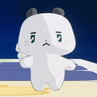 a cartoon panda bear with a sad face is standing on a table