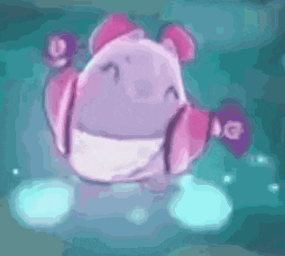 a pink and purple cartoon character is floating in the water with bubbles .