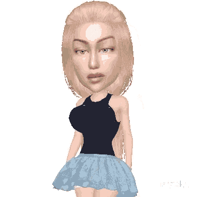 a 3d model of a woman wearing a black top and a blue skirt .