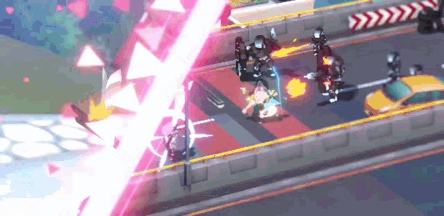 a video game scene with a yellow car and a red arrow pointing to the right