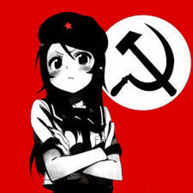 a black and white drawing of a girl with a hammer and sickle on her head .