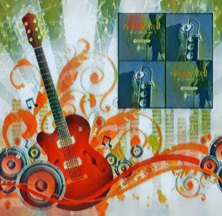 a painting of a guitar surrounded by speakers and musical notes