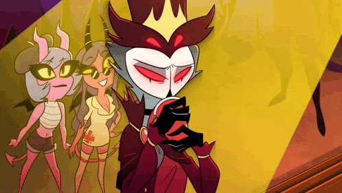 a cartoon character with horns and a crown is standing next to two girls