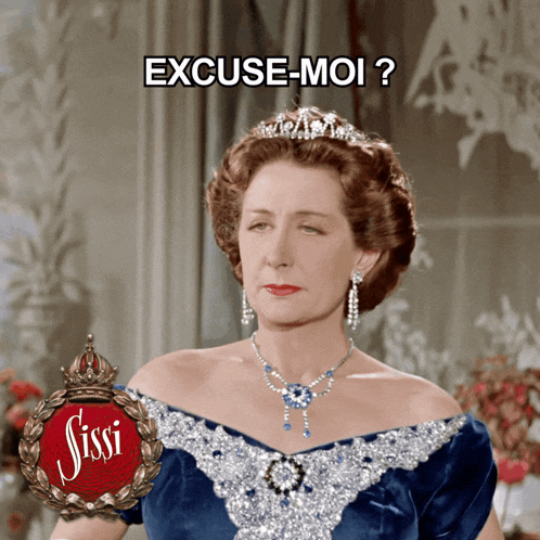 a woman wearing a blue dress and a tiara with the words excuse-moi written above her