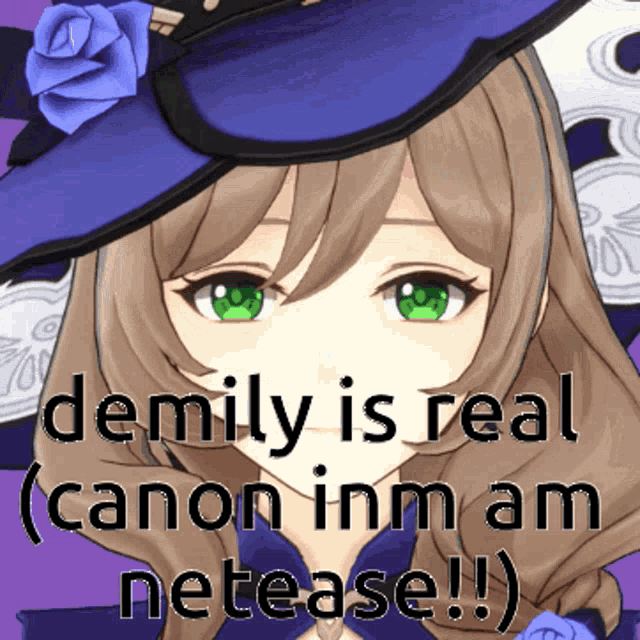 a picture of a girl with green eyes and the words demily is real canon inm am netease