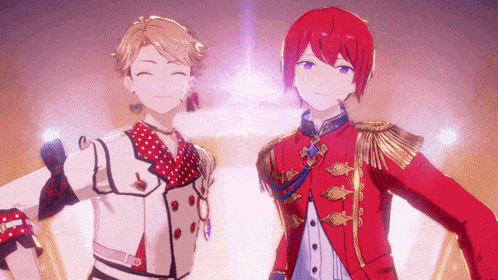 two anime characters are standing next to each other and one has red hair
