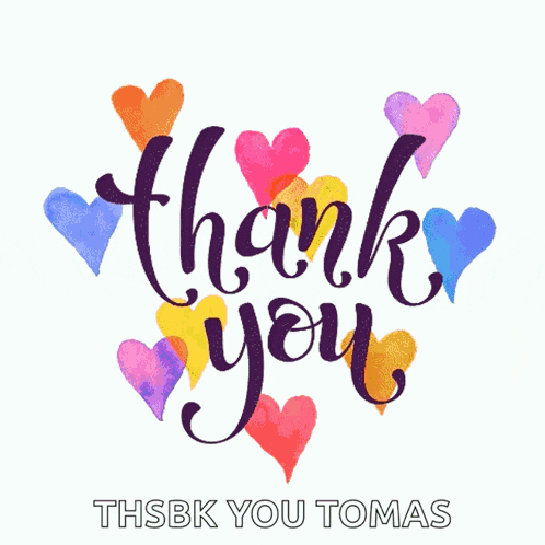 a thank you card with hearts and the name thsbk you tomas below it