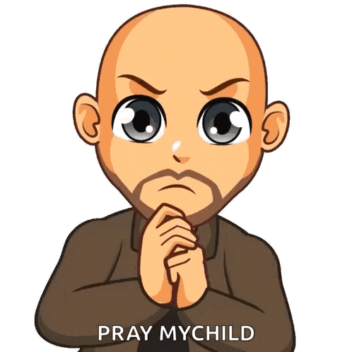 a cartoon of a bald man with a beard praying