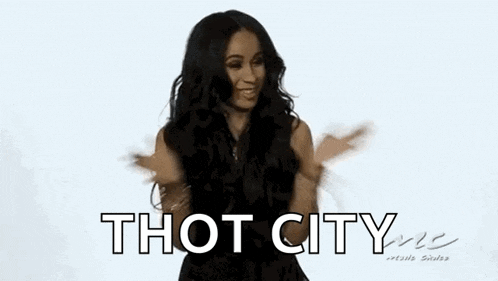 a woman in a black dress is dancing with her arms outstretched and the words thot city above her .