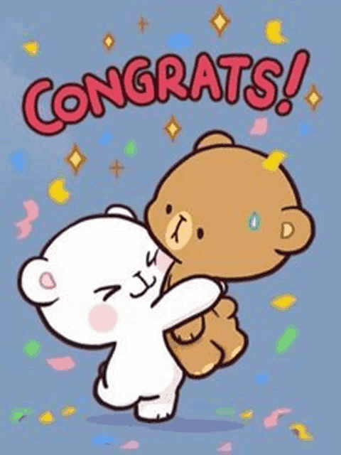 a cartoon of two teddy bears hugging each other with the words `` congrats ! ''