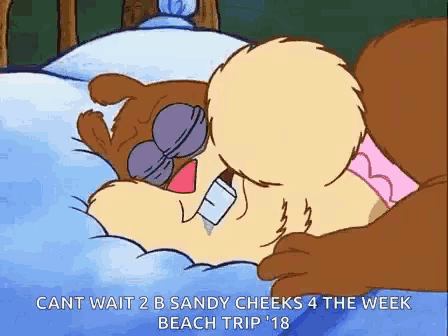 a cartoon of a bear laying on a bed with the words cant wait 2 b sandy cheeks 4 the week beach trip '18