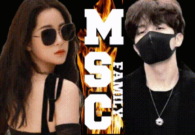 a woman wearing sunglasses and a man wearing a mask are standing next to each other on a poster that says msc