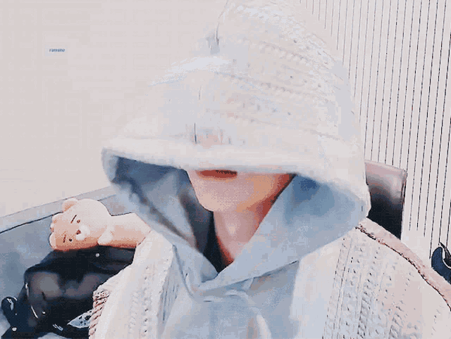 a person wearing a hoodie with a teddy bear on their shoulder