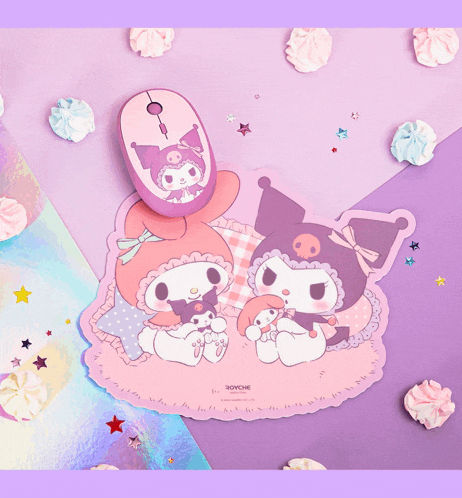 a mouse pad with my melody and kuromi sitting on it