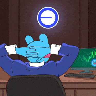 a cartoon drawing of a person sitting in front of a computer with the letter e on it