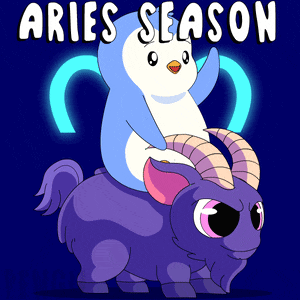 a penguin is riding on the back of a goat with the words " aries season " written above it