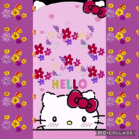 a picture of hello kitty on a purple background with flowers