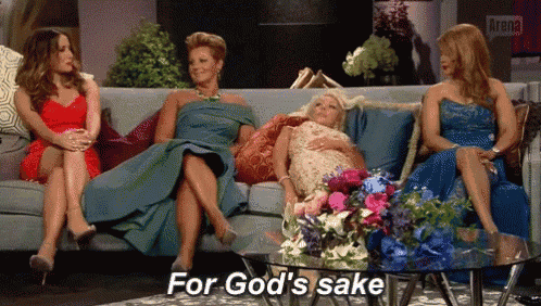 a group of women are sitting on a couch with the words for god 's sake on the table