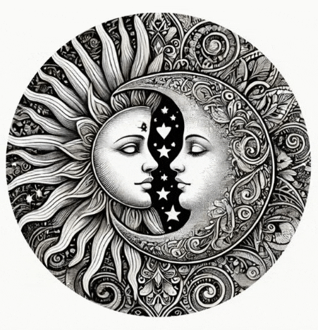 a black and white drawing of a sun and moon with faces on them