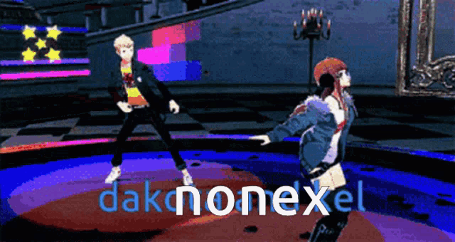 a man and a woman are dancing in a video game with the words daknonexel in the corner