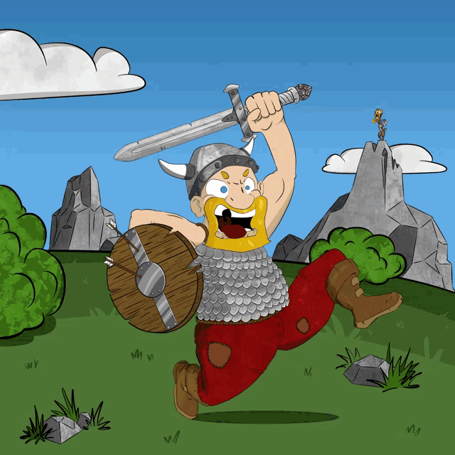 a cartoon viking holding a sword and shield