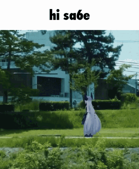 a person in a white dress is walking in a park with the words hi sabe written above them