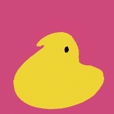 a pink circle on a yellow background with a black circle in the middle